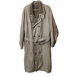 Men's Vintage Beige Lamb Leather Shearling Belted Long Coat Overcoat Size L/XL